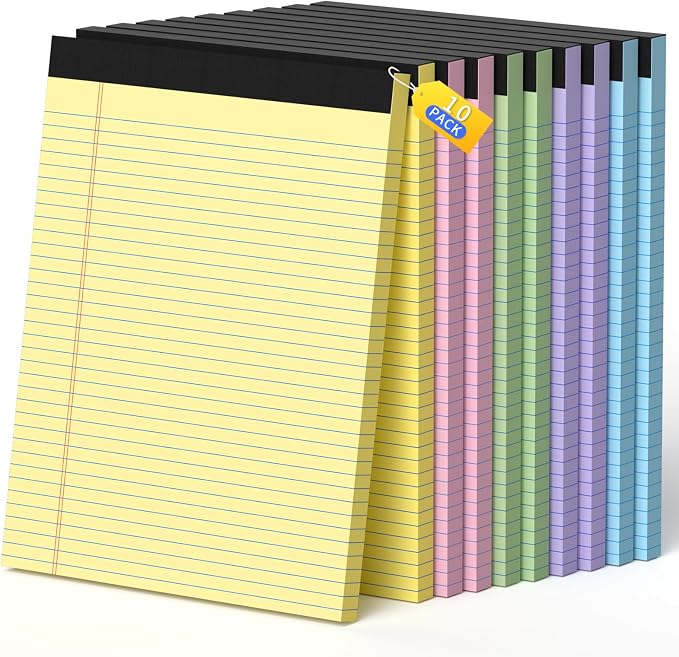 Legal Pads 8.5 X11, Narrow Ruled Notepads, 10 Pack, 50 Sheet/Pad | Colored Legal Pads, Tear Off Notepad, Perforated Writing Pad, Notebook Paper College Ruled, Notepads For Office Home School
