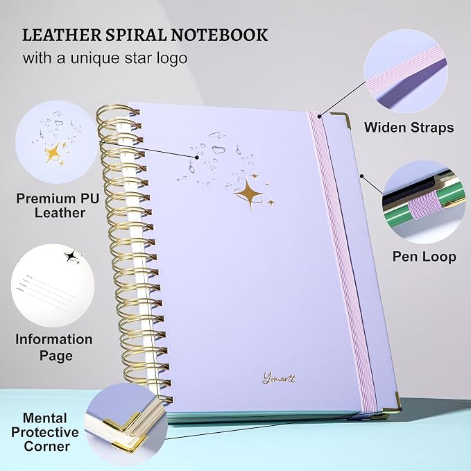Yoment Leather Spiral Notebooks for Work 5 Subject Notebook College Ruled with Dividers 360 Pages B5 Hardcover Lined Journals for Women Men Writing B5 Size, Purple
