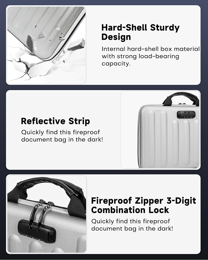DOZAWA Fireproof Document Box, Waterproof Hard File Organizer with Lock | UL-94 VTM-0 certified 8-layer document box withstands up to 5200°F, featuring waterproof zippers, silver