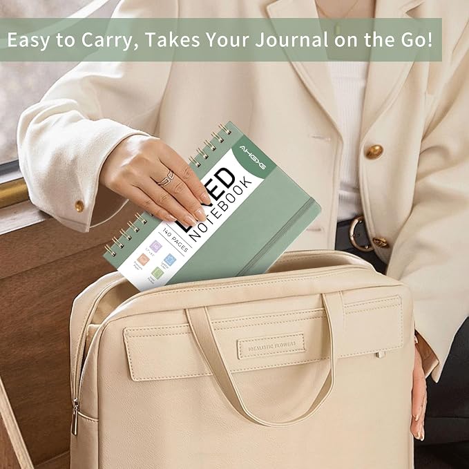 AHGXG Lined Spiral Journal Notebook, 140 Pages, A5 (5.7" x 8.3") | Journals for Women, Hardcover Leather Notebook College Ruled, 100 GSM Paper, for Work School Note Taking (Sage Green)