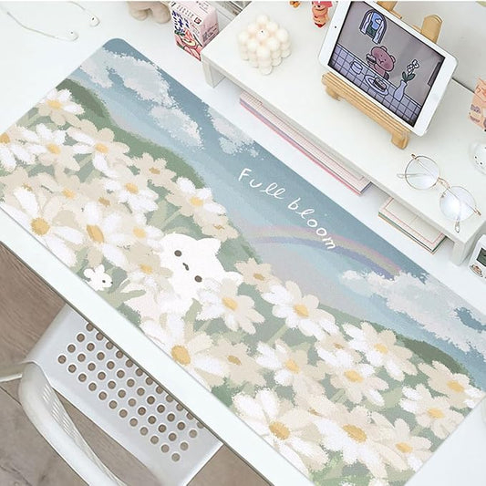 Cute Kawaii Cat Flower Large Mouse Pad, PU Leather Desk Pad Protector, Non-Slip Computer Desk Writing Mat, Gaming Keyboard Mouse Pad, Office Desk Accessories