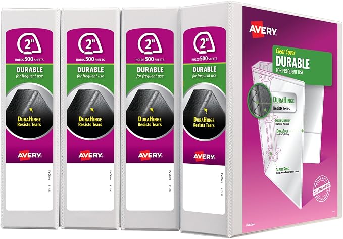 Avery Durable View 3 Ring Binders for Home, School Supplies, Office, or Organization Needs, 2" Slant Ring, 4 Pack White Binders (17032)