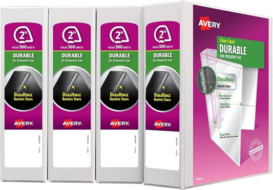 Avery Durable View 3 Ring Binders for Home, School Supplies, Office, or Organization Needs, 2" Slant Ring, 4 Pack White Binders (17032)