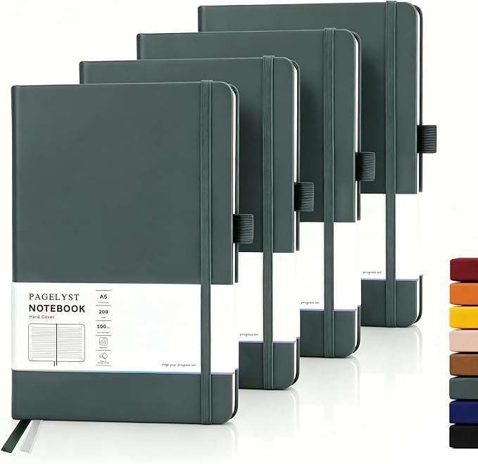 PAGELYST Lined Journal Notebook, 4 Pack Leather Journal for Women Men, 200 Numbered Pages, A5 Medium 5.7'' x 8.3'', 100 GSM Thick Paper for Journaling, Writing, Work & Office (Dark Green)