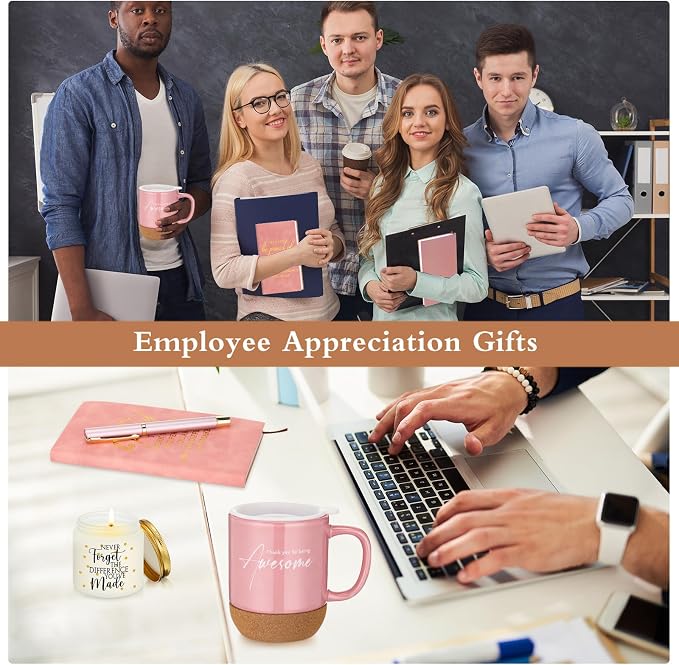Sayglossy 4 Pcs Thank You Gift Set for Women Men Back to School Teacher Appreciation Gift Leather Notebook Inspirational Coffee Mug Scented Candle Ballpoint Pen for Employee Coworker Nurse Boss, Pink