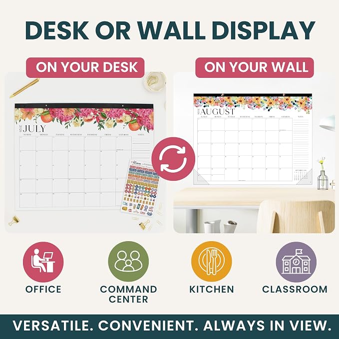 bloom daily planners Desk Calendar 2026-2027 - Academic Year Large Wall Calendar (July 2026 - July 2027) - 21” x 16” Desktop & Hanging Monthly Planner with Stickers for Home or Office - Seasonal Florals