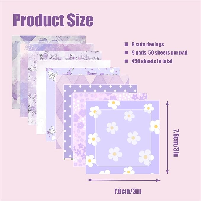 9 Pads Purple Sticky Notes Set, Cute Self-Stick Notepads, Super Adhesive Memo Pads Note Card, Office Decor Gifts, Desk Accessories for Students, School Supplies for Girls, 3x3in