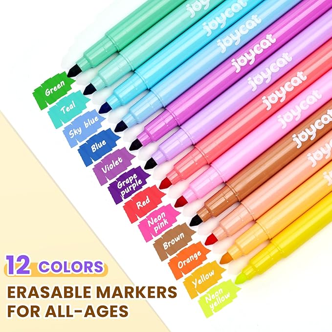JoyCat 12-Color Erasable Markers for Kids, Dual Tip Magic Pens for Paper | Erasable highlighters use white tips to correct details and reveal notes, ideal for school projects, journaling and crafts.