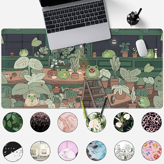 Cute Frog Mouse Pad Desk Pad Kawaii Green Desk Decor Mat, Large Gaming Mouse Pad for Desk Computer Keyboard Laptop, Home Office Accessories for Girl (31.5x15.7 in)-with Stitched Eges Pad