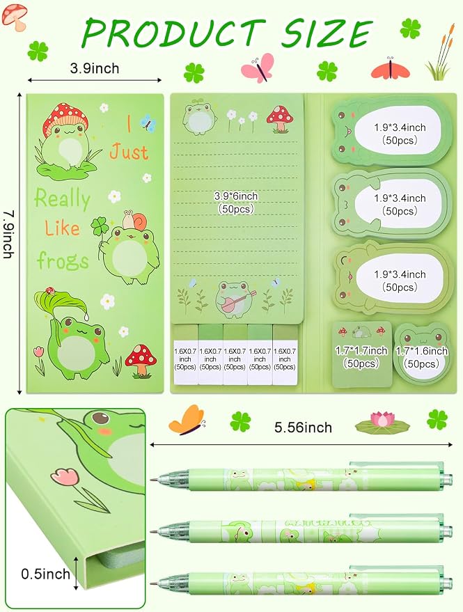 Frogs Sticky Notes Set, Cartoon Frogs Self-Stick Notes with 3 Bollpoint Pens, Frog Gifts for Women Back to School Office Supplies(550PCS)