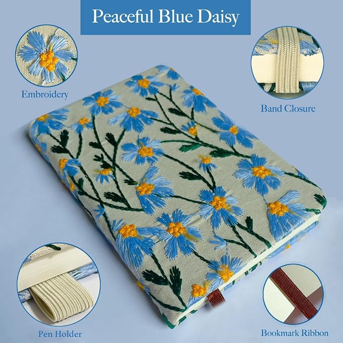 A5 Notebook, Flower Journal, Embroidered Notebook, 8"x6", Hardcover, Lay Flat, Lined, Wide Ruled Paper, Personalized Notebook, Pretty Journal, Daisy Gifts for Women, Blue, with Elastic Band