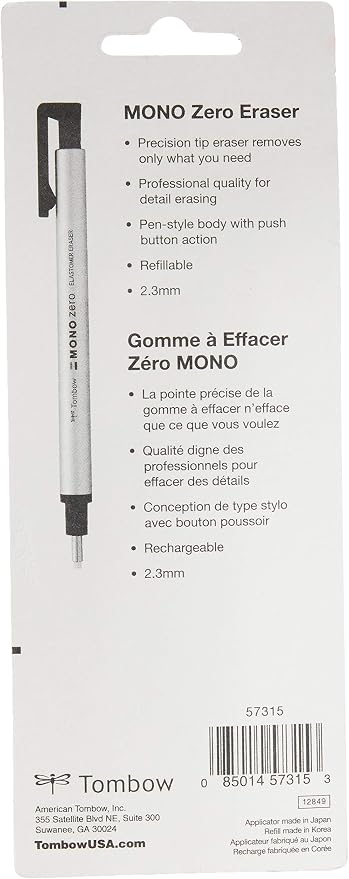Tombow Mono Zero Eraser and Refill Value Pack, Round 2.3mm. Precision Tip Pen-Style Eraser with Refill, Black & 57316 Mono Zero Eraser Refills, Round, Mono Zero Precision Tip Eraser Refills, 2.3 mm