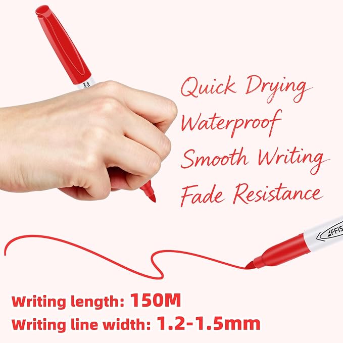 Red Permanent Markers Bulk, 75 Count, Quick Drying and Fade Resistant, Fine Point Marker works on Paper, Plastic, Metal, Wood, Perfect for Classroom, Home, Office