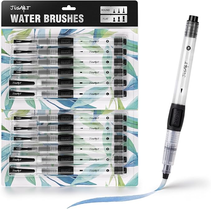 JusArt Water Brush Pens 12-Pack Leak-Proof Refillable Watercolor Pens for Acrylic and Gouache Painting - Includes Pointed & Flat Tip Styles - Portable Water Brushes for Artists, Beginners, Adults