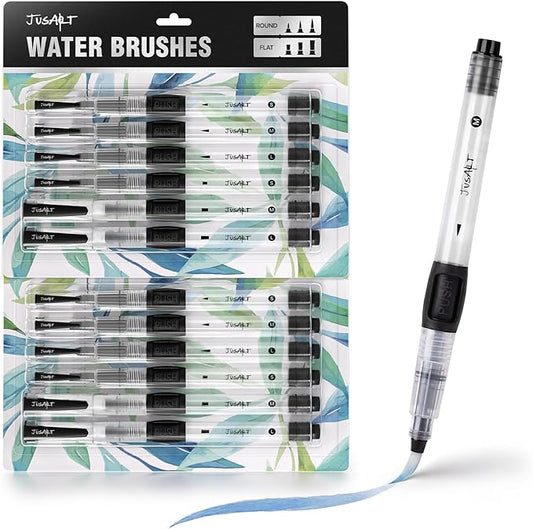 JusArt Water Brush Pens 12-Pack Leak-Proof Refillable Watercolor Pens for Acrylic and Gouache Painting - Includes Pointed & Flat Tip Styles - Portable Water Brushes for Artists, Beginners, Adults