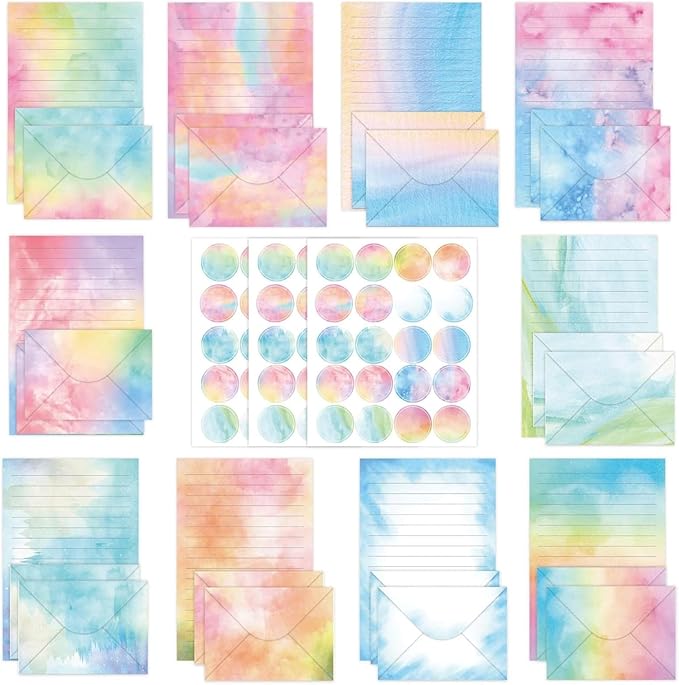 160 Pcs Stationery Paper Envelopes Set Includes 50 Lined Writing Paper & 50 Envelopes with 60 Colorful Round Dot Stickers, Cute Vintage Watercolor Letter Writing Stationery Paper Envelopes(10Style)