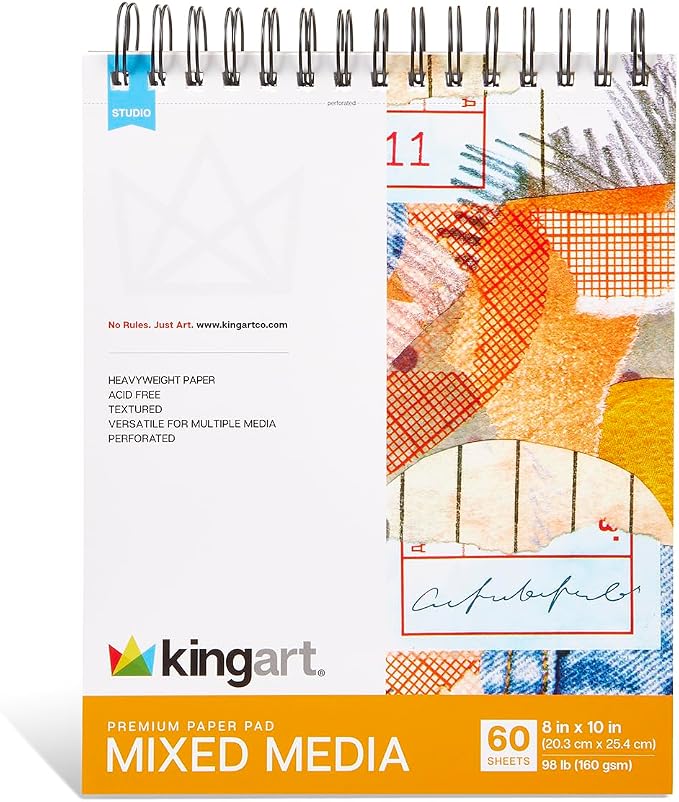 KINGART Mixed Media Sketchbook – 8x10 Inch, 1-Pack – 60 Sheets (98 lb / 160 GSM), Heavyweight Acid-Free Paper – Spiral-Bound Art Pad for Wet & Dry Media