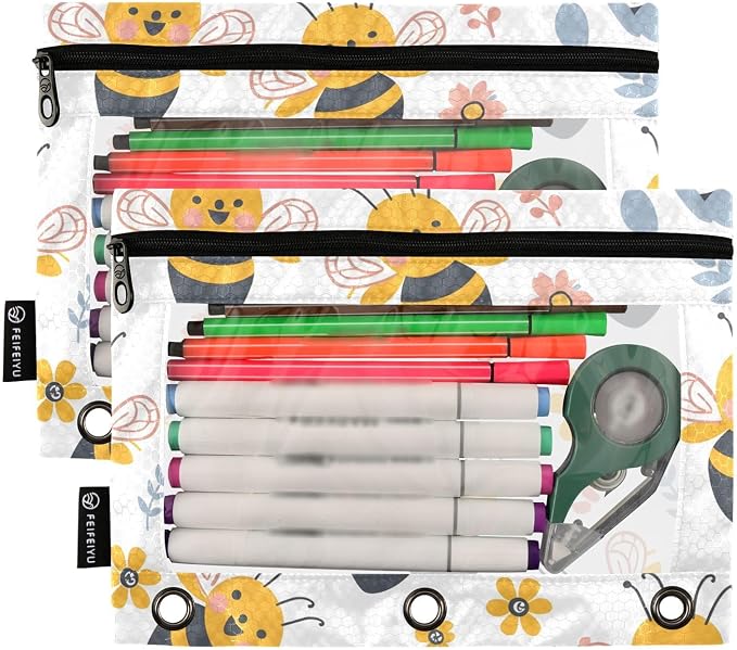 Funny Bee Honey Modern Pencil Pouch for 3 Ring Binder 2 Pack Zipper Binder Pencil Bag Case with Clear Window Office Supplies