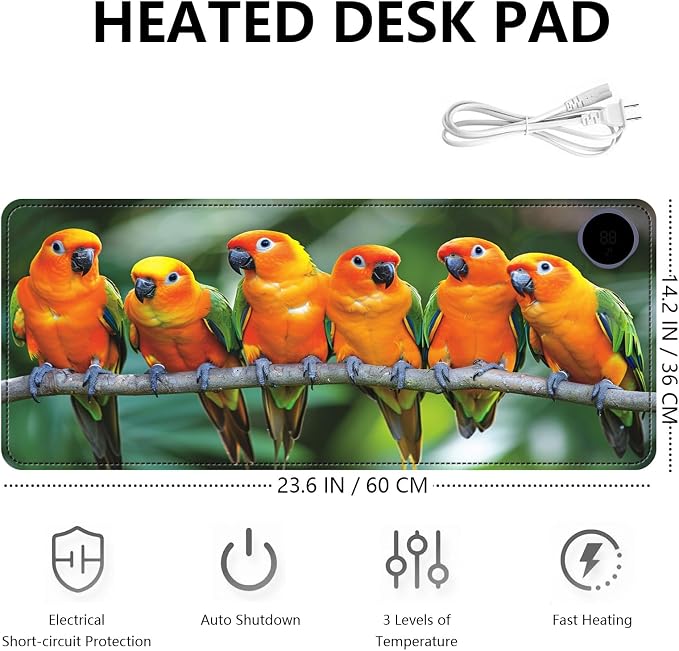 Heated Mouse Pad with 3 Levels Heated & 3 Hours Auto Shut-Off Mouse Pad for Warming Hands in Office Home, 23.6" x 14.2"Large Safe Desk Mat Hand Warmer，Parrots Meeting