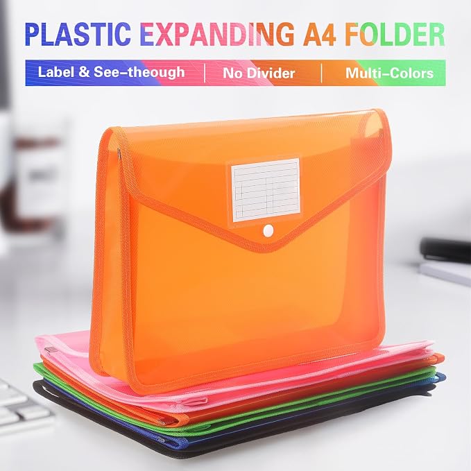 Tamaki Plastic Expanding File Folder, Fit Letter/A4 Size, Orange, 1 Pack | Transparent envelopes with Snap Closure, No Dividers, Large Capacity