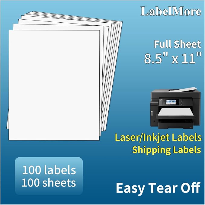 LabelMore 100 Sheets, Printable Sticker Paper, 8.5" x 11" Sticker Printer Paper Sheet for Laser & Inkjet Printers