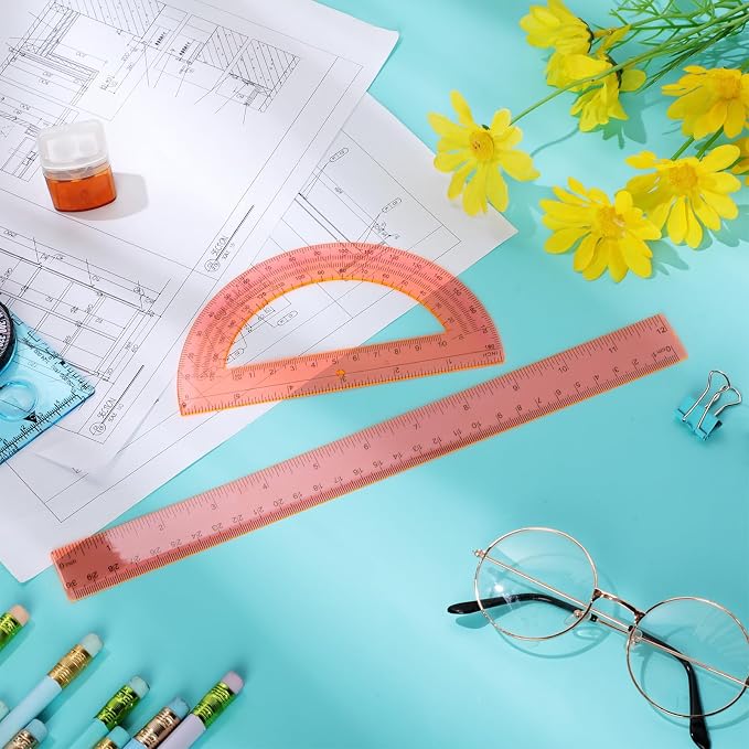 Zonon 2 Pcs 12 Inch Clear Ruler and 6 Inch Plastic Protractor Set, Dual Scale Inch/Cm Math Geometry Measuring Tools for Back to School Students Teachers Classroom Office Drafting Use(Orange)