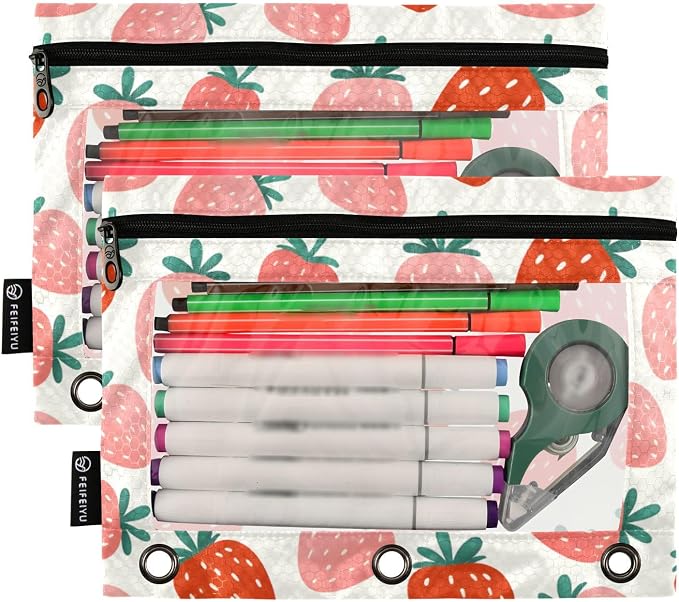 ALAZA Pencil Pouch for 3 Ring Binder, Fruit Strawberry Binder Pencil Pouches with Clear Window Zipper Pencil Case Cosmetic Bags for Office College Supplies, 2PCS
