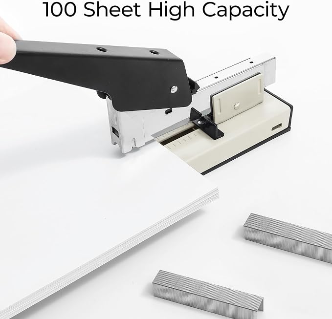 M&G Heavy Duty Stapler with 1000 Staples, 100 Sheet High Capacity, Large Metal Office Stapler for Paper Binding，White