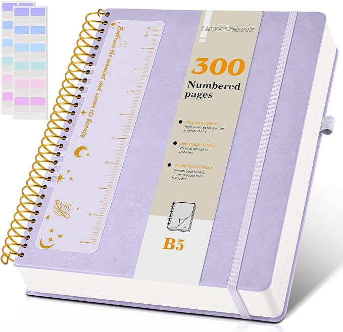B5 Spiral Notebook Journal 7.6” x 10”, 300 Numbered Pages Hardcover Leather Journals for Women Men, Large Lined College Ruled Notebooks, 100GSM Thick Paper, Spiral Bound Journal for Work School, Purple