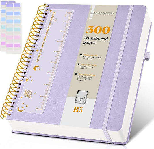 B5 Spiral Notebook Journal 7.6” x 10”, 300 Numbered Pages Hardcover Leather Journals for Women Men, Large Lined College Ruled Notebooks, 100GSM Thick Paper, Spiral Bound Journal for Work School, Purple