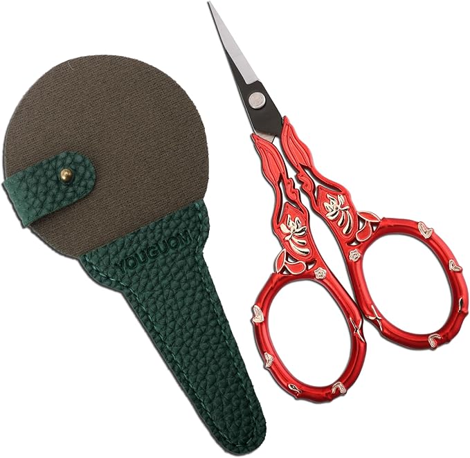 YOUGUOM Small Sewing Scissors with Cover, Needlework Shears | Sharp, Precision, Tiny Tip, for Embroidery, Craft, Crochet, Yarn, Scrapbook,Paper Cutting, Detail Thread Snips, Red