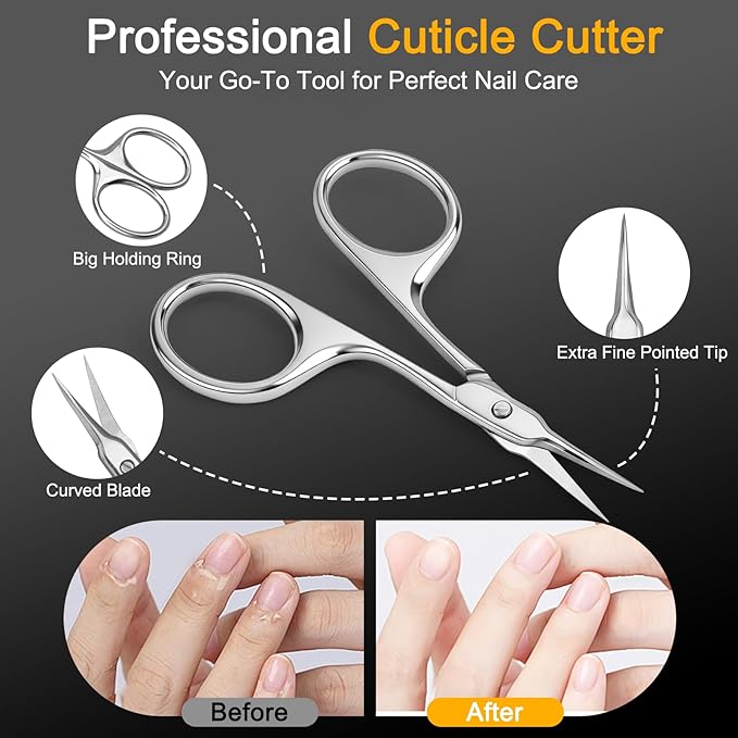 Curved Cuticle Scissors, Extra Fine Tip, Manicure Pedicure | Fine curved tip for manicure, pedicure and eyebrow trimming. For women and men. Compact grooming tool for precise nail care.