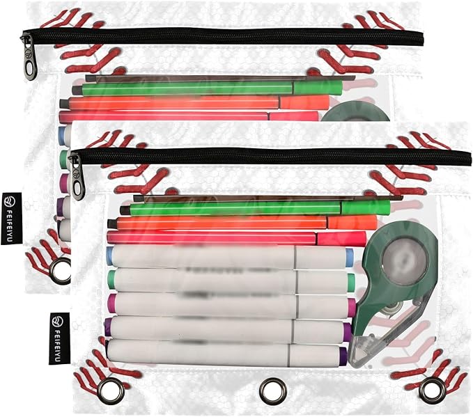 Sport Baseball Customized Pencil Pouch Fits standard 3-ring binders, Zipper Binder Pencil Bag with Clear Window for Office 2 Pack