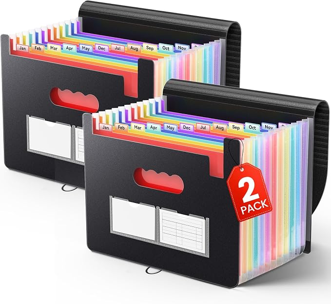 Sooez Accordion File Organizer, 13 Pockets Expanding File Folder, Portable Monthly Paper Bill Tax Receipt Organizer, Letter A4 Size Document Holder with Blank Labels