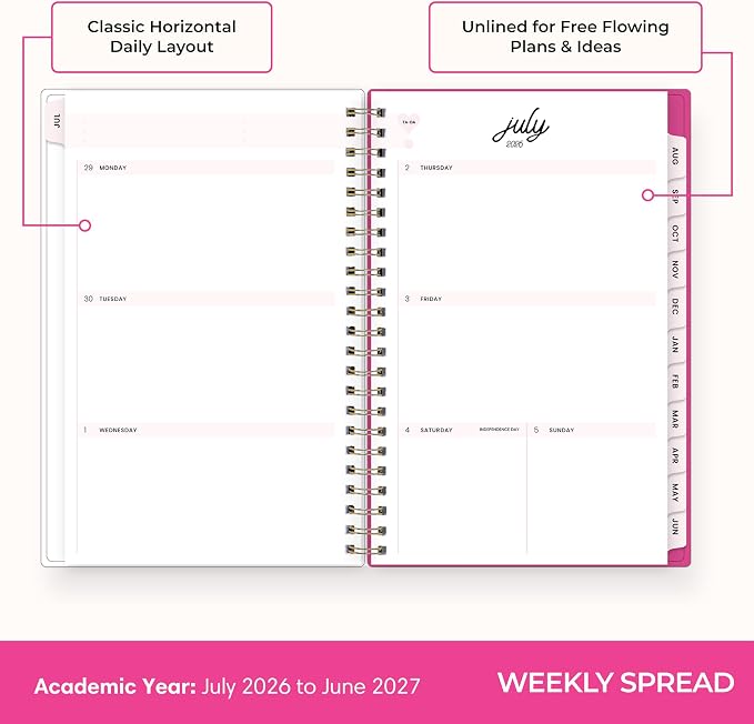 Blue Sky 2026-2027 Weekly & Monthly Academic Planner, 5"x8", Bloom Pink | July 2026 - June 2027, Flexible Cover, Wirebound, Laminated Tabs, Storage Pocket, Stickers, Academic Year, Color Me Courtney