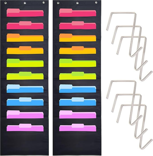 Hippo Creation Heavy Duty Storage Pocket Chart for Classroom, 10 Pocket Storage Organizer with 6 Over-Door Hangers, Hanging Wall Organizer for File Folders, School Mailbox, Home Office Papers - Black