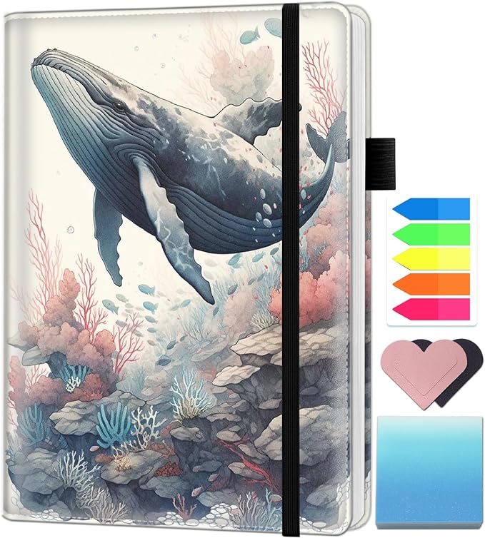 A5 Leather Lined Journal Notebook, 200 Pages Hardcover Executive Notebook for Men Women Office School Note Taking, Thick Writing Paper Daily Journal with Bookmarks/Indexes, Whale Attractive