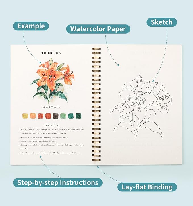 Watercolor Workbook, Water Coloring Book, 12 Different Patterns of Original DIY Designs, 50 Colors Watercolor Paint Set with Palette and Brush, Beginner-Friendly Watercolor Workbooks (Bouquets)