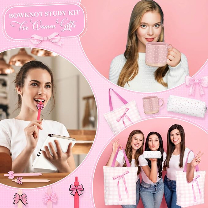 Reallnaive 25 Pcs Pink Bow Gift Set, Coquette Aesthetic School Supplies Gift with Mug, Notebook, Tote Bag, Pens, Highlighters, Stickers & Pencil Pouch, Cute Back to School Gifts for Girl, Women