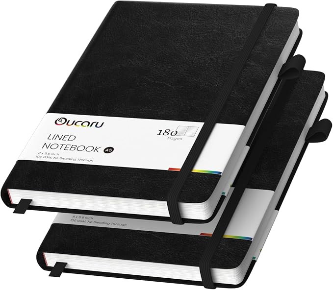 Oucaru Lined Journal Notebook, 2 Pack, 180 Pages, A5 Journals for Writing, 100 GSM Thick Paper, Small Notebooks Daily Journal for Women Men Work, Business, School, Travel Supplies