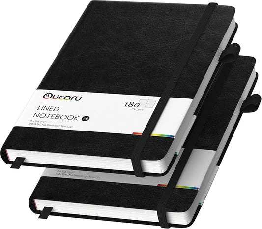 Oucaru Lined Journal Notebook, 2 Pack, 180 Pages, A5 Journals for Writing, 100 GSM Thick Paper, Small Notebooks Daily Journal for Women Men Work, Business, School, Travel Supplies
