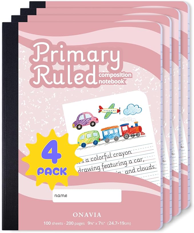 ONAVIA Pink Primary Composition Notebook 4 Pack, Picture Space, 200 Pages | 100 ct, 9.75 x 7.5 in, Primary Journal Grades K-2, Picture Space, Writing Practice, Kindergarten, Notebook for Kids