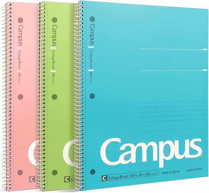 KOKUYO Spiral Notebooks, 3 Pack College Ruled 10-1/2" x 8" Lined Notebook | Campus Subject Notebooks, 80 Sheets, 3 Holes School Japanese Ring Journal for Work Study Note Taking, Pink Blue Green