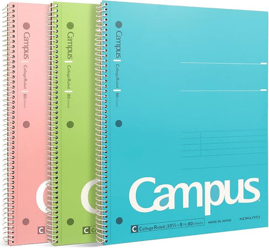 KOKUYO Spiral Notebooks, 3 Pack College Ruled 10-1/2" x 8" Lined Notebook | Campus Subject Notebooks, 80 Sheets, 3 Holes School Japanese Ring Journal for Work Study Note Taking, Pink Blue Green