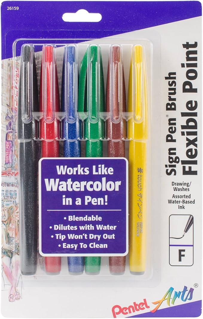 Pentel Arts Sign Pen Brush Tip Pen, Ocher Ink (SES15C-Y), Assorted, Pack of 6