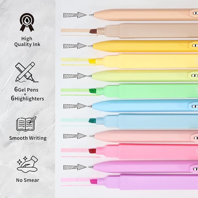 Piochoo Highlighters and Black Pens Set,6Pcs Pastel Highlighters Assorted Colors,6 Pack 0.5mm Cute Gel Pens for Women Nurse Office School Supplies