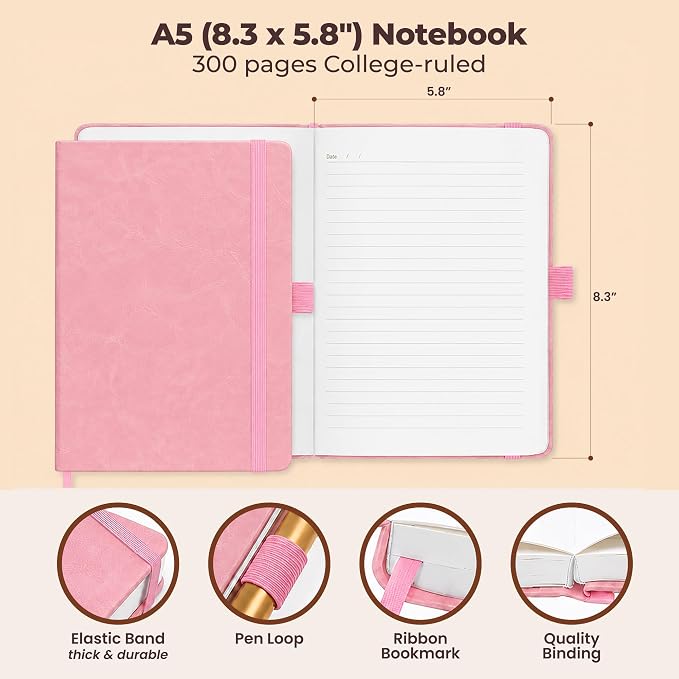 Lined Leather Bound Journal Notebook, A5 Hardcover Journals for Men & Women | 5.8x8.3" Pink Journal - Thick 300 Pages College Ruled Paper - Personal and Professional Note Book for Writing & Journaling