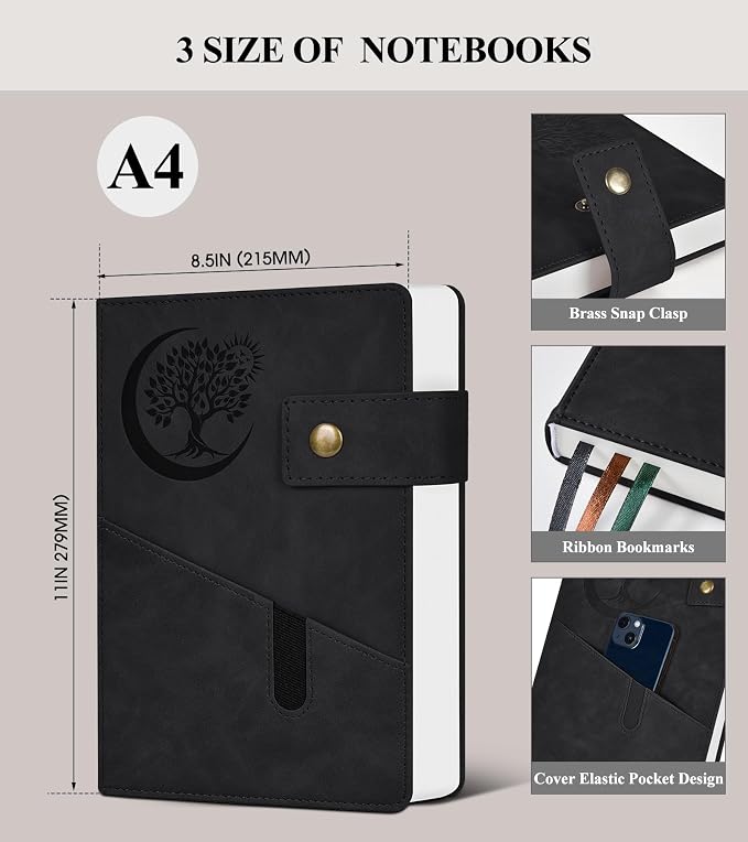 PAIBAS 8.5 x 11 Lined Notebook Journal 366 Pages Leather Journal for Men | Big notebook with 100gsm lined notebook paper college ruled, 3 ribbon bookmarks, front pocket slot & snap button.