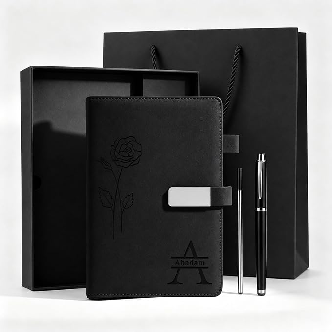 CRME Personalized Leather Journal with Pen and Gift Box,Custom Engraved Executive Notebook with Name,A5 Hardcover Lined Journal for Men Women,Personalized Notebook and Pen Set,Black