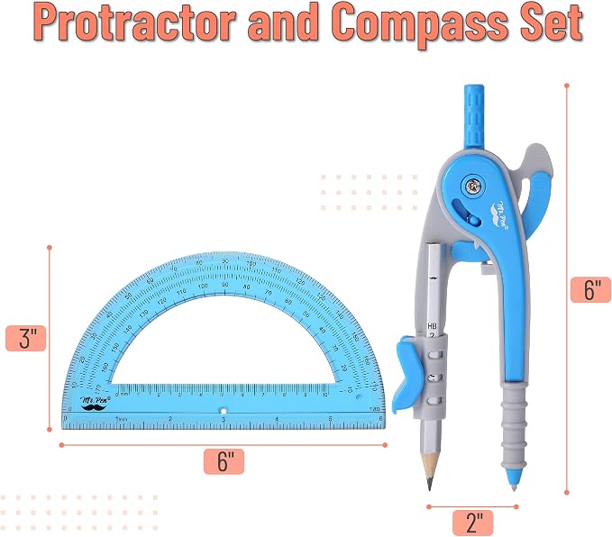 Mr. Pen- Geometry Compass and Protractor Set, 6 Inch Compass | 6 Inch Protractor, Drawing Tool for School, Clear Plastic, Easy Grip, Precision Design for Math, Art, Drafting, Architecture